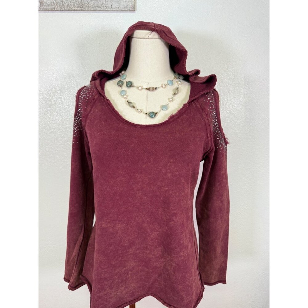 Daytrip Women's Burgundy Cold Open Shoulder Hoodie Rhinestone  Size Small